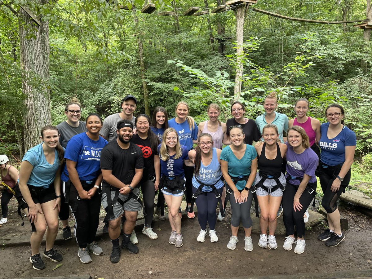 UKPharmRes's tweet photo. If your friend walked across a tiny rope 35 feet in the air, would you do it too?🤔 Each year residents attend an event to support leadership, team building, and decision making. This year they attended a ropes course! Safe to say everyone left ready to explore new heights!🌳 https://t.co/0oUsBwCGlb