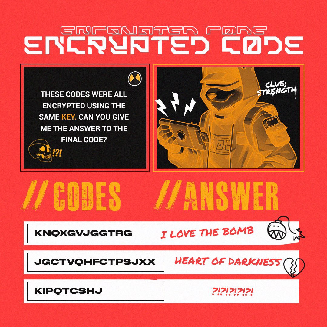 Yin Yang Gang (@projectyinyang) on Twitter photo Cypher here. I need access to the mainframe to open up the cell doors for our incarcerated comrades.
Can you crack the last code? Like and retweet this post and comment the correct answer below.
First 5 to post correct answer will be selected for Streetlist. #YY4L ☯️ Cypher here. I need access to the mainframe to open up the cell doors for our incarcerated comrades.
Can you crack the last code? Like and retweet this post and comment the correct answer below.
First 5 to post correct answer will be selected for Streetlist. #YY4L ☯️