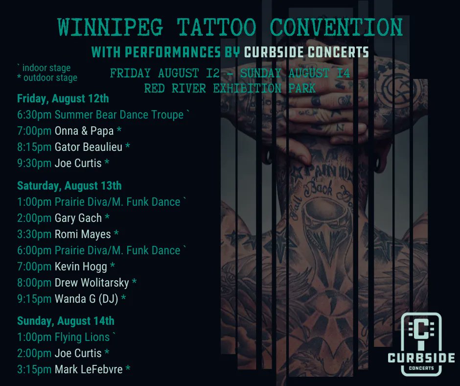 Check us out this weekend at the <a href="/wpgtattoocon/">Winnipeg Tattoo Convention</a>!
Live performances by <a href="/Onna_Lou/">Onna Lou</a> &amp; Papa Mambo, <a href="/gator_beaulieu/">Gator Beaulieu</a>, <a href="/joecurtisband/">Joe Curtis</a>, Gary Gach, <a href="/mayesromi/">ROMI MAYES</a>, Kevin Hogg, Drew Wolitarsky, Wanda G, &amp; Mark Lefebvre!
More info: winnipegtattooconvention.com
Live music: curbsideconcerts.ca
#wpg