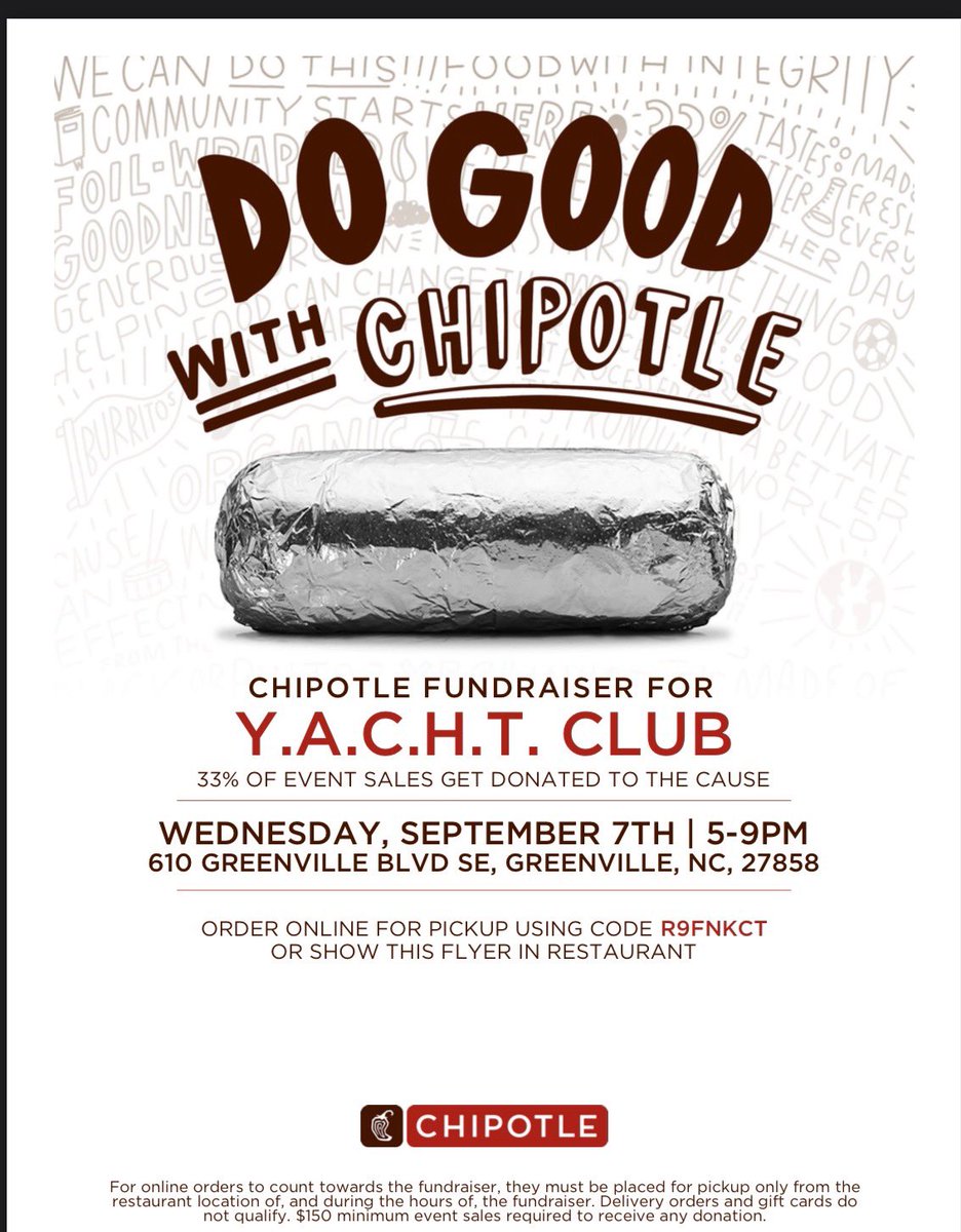 What can we say... We LOVE
chipotle!!🌮🌯🥑

Wendsday, September 7, 2022 we will be hosting a Chipotle
Fundraiser 

There are two options:
1. Meet us in person at 610 GREENVILLE BLVD SE, GREENVILLE, NC, 27858 from 5:00pm - 9:00pm

2. Order online then pick-up using the code.