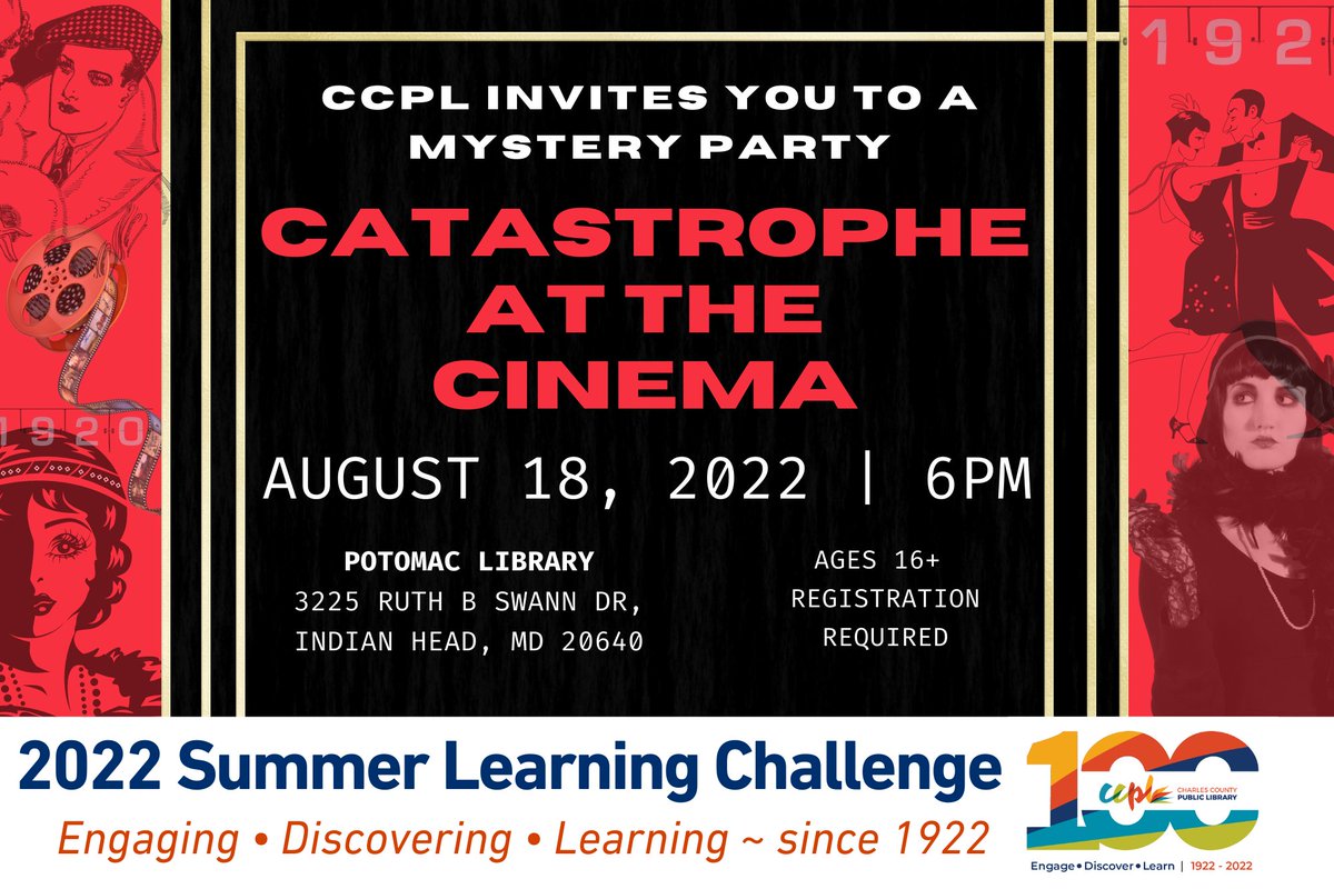 ccplonline's tweet photo. Join us at the Potomac Branch for a #MysteryParty! Register now and sleuth your way through the night!

Adult Program
Aug 18 @ 6PM - 7PM
At the Potomac Branch
Register Here: https://t.co/cQQlcLoGxD

#CCPLOnline #CCPL100Yrs #EngageDiscoverLearn #SummerLearningChallenge https://t.co/QeayH9sC4e