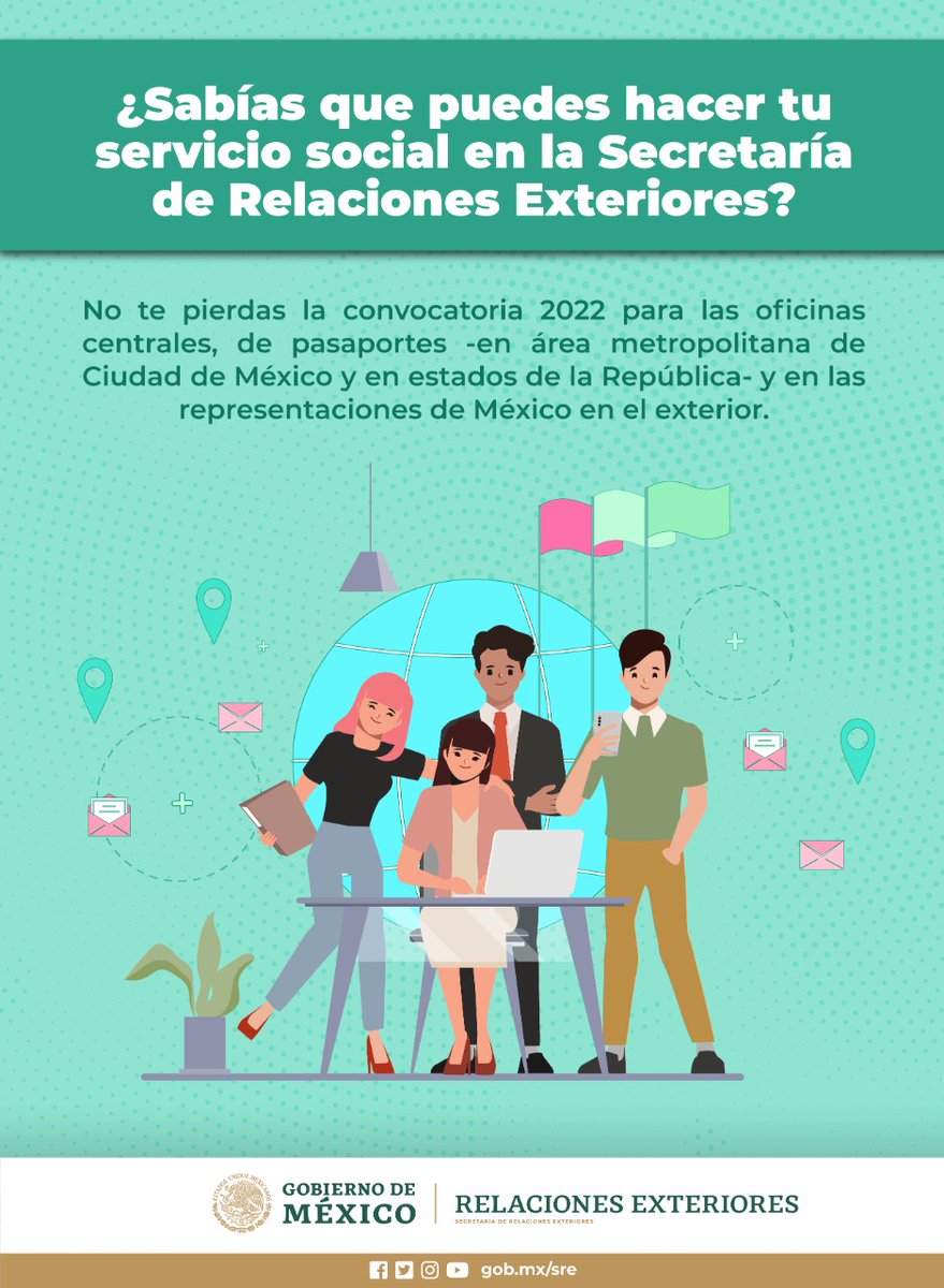 SRE_mx's tweet photo. 📌 ¿Te interesa hacer tu servicio social o prácticas profesionales en la @SRE_mx?
🇲🇽🤝🌎

No te quedes sin revisar esta información y acércate a nosotros a través de este link.
👉 https://t.co/OkfEpG1dGs https://t.co/W6dM7Mt0JS