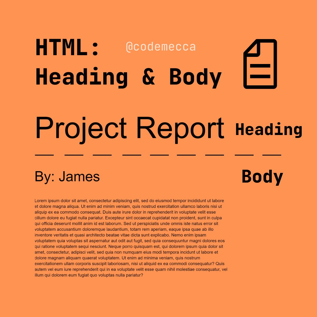 CodeMecca's tweet image. In HTML, heading(h1 to h6) tags are used for titles or section headings. 

The body tag contains the content.

#html #webdevelopment #coding #programming #visualize #learning #free 

Graphic by: @bernardolin0524