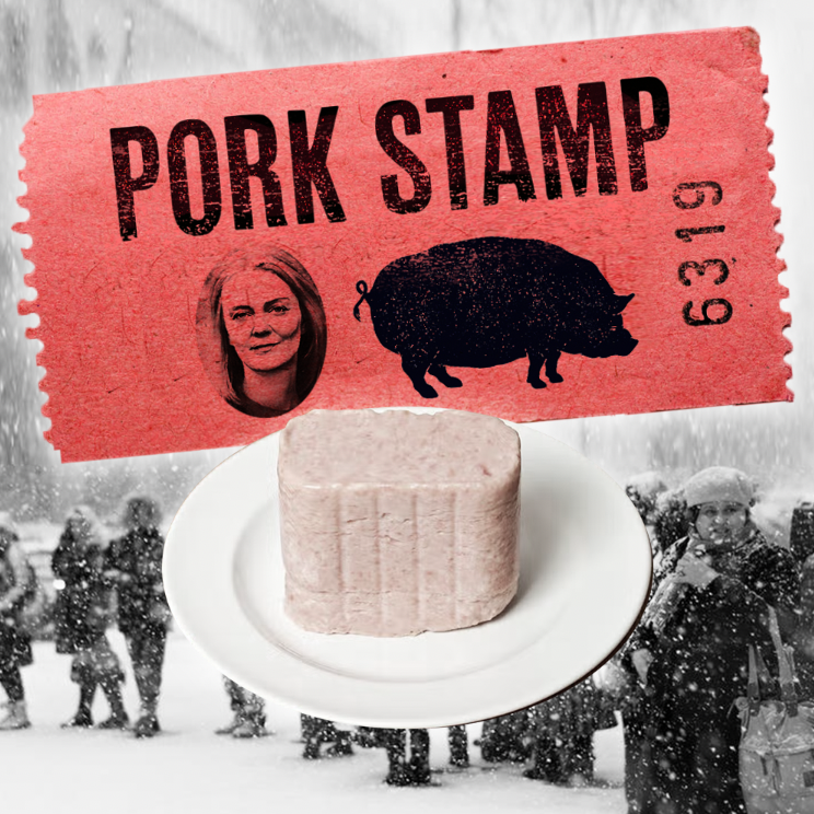 Liz Truss proudly announces her Cost of Living response:

Pork Stamps will entitle every British family to 1 daily pork - shielding our hungry nation from the imminent humanitarian catastrophe our party has been brewing.

Societal decline calls for reconstituted British swine 🇬🇧