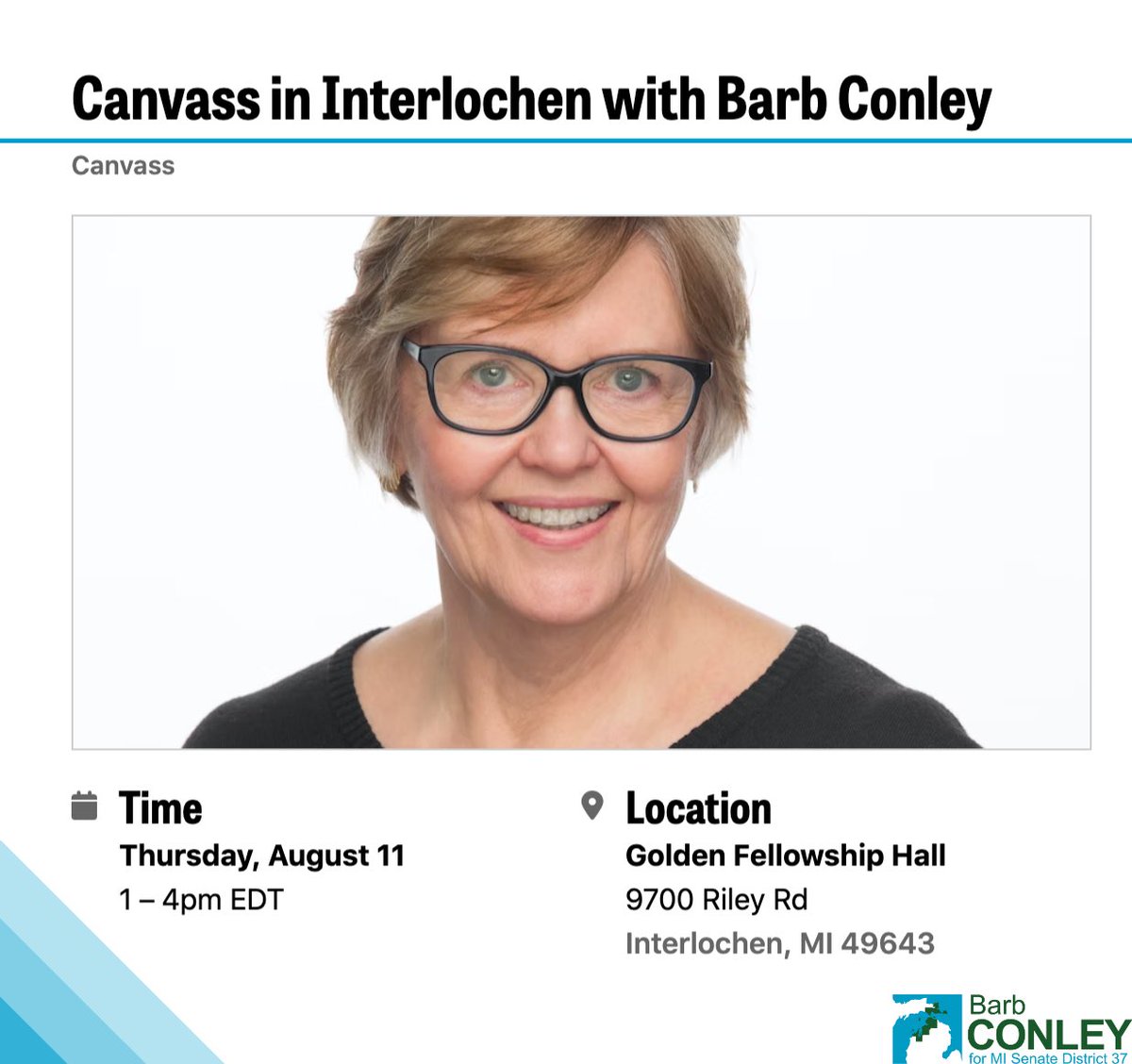 votebarbconley's tweet photo. Join me and my team this Thursday for a canvassing event in Interlochen!
For more details please visit:
https://t.co/Yt6bVzN2GQ
See you there! #canvass #midems #votebarbconley #interlochen #supportdemocracy https://t.co/8USGIy5f7v