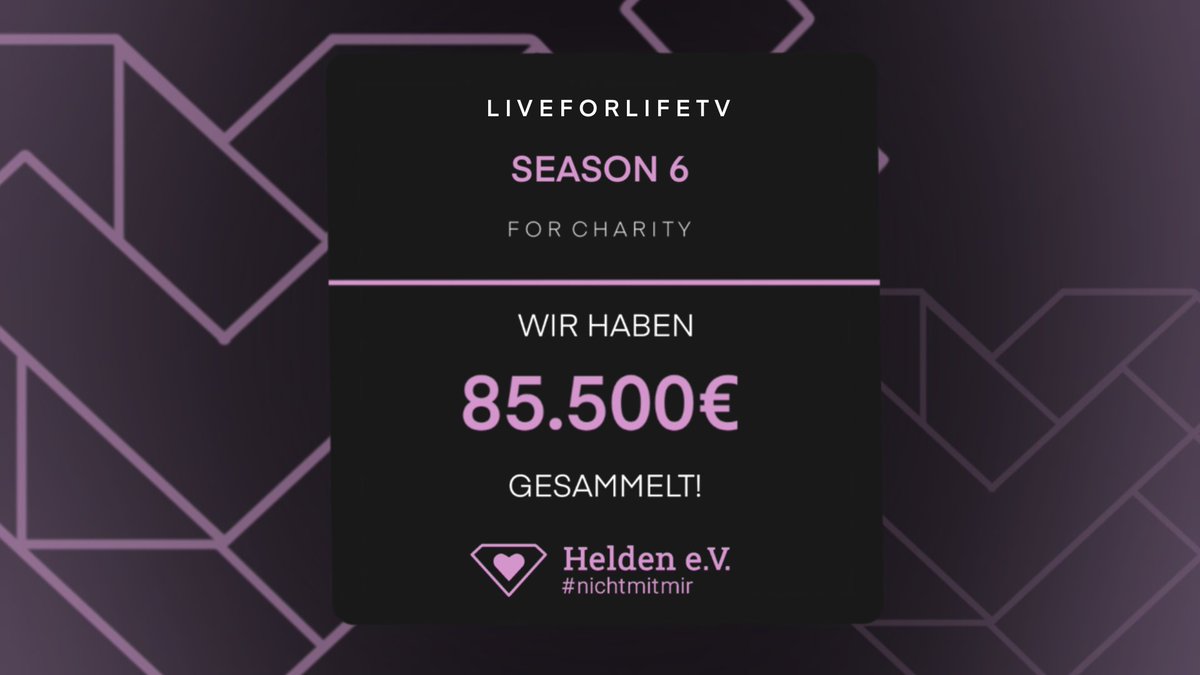 LiveForLifeTV's tweet photo. 💜ENDSPENDENSTAND💜 

Wir freuen uns euch nun den finalen Spendenstand unserer 6. Staffel mitteilen zu können!
Zusammen mit Euch, unseren Partner und den Merchandise - Erlösen sind wir auf eine unglaubliche Summe von 85.500€ für @Helden_eV gekommen!

#Danke #NichtMitUns https://t.co/fAOeeEkPHV