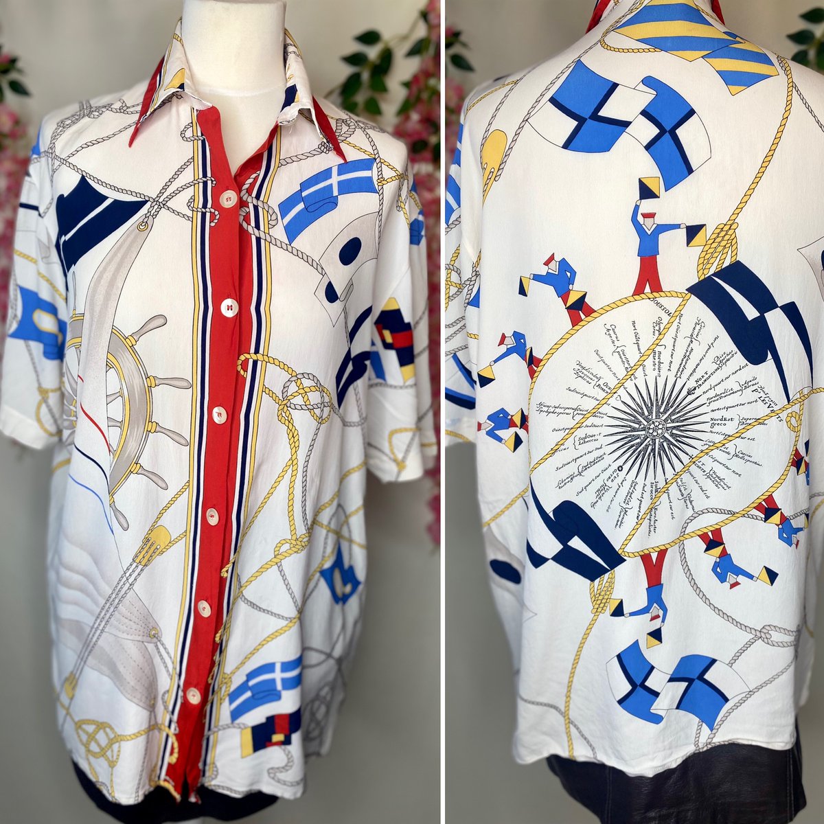 GeorginasVintag's tweet photo. Great Nautical silk blouse, size L, available now! Check out these amazing prints! Such a fun blouse! #natical #blouse #silk #80sblouse https://t.co/lv3NHpap6A