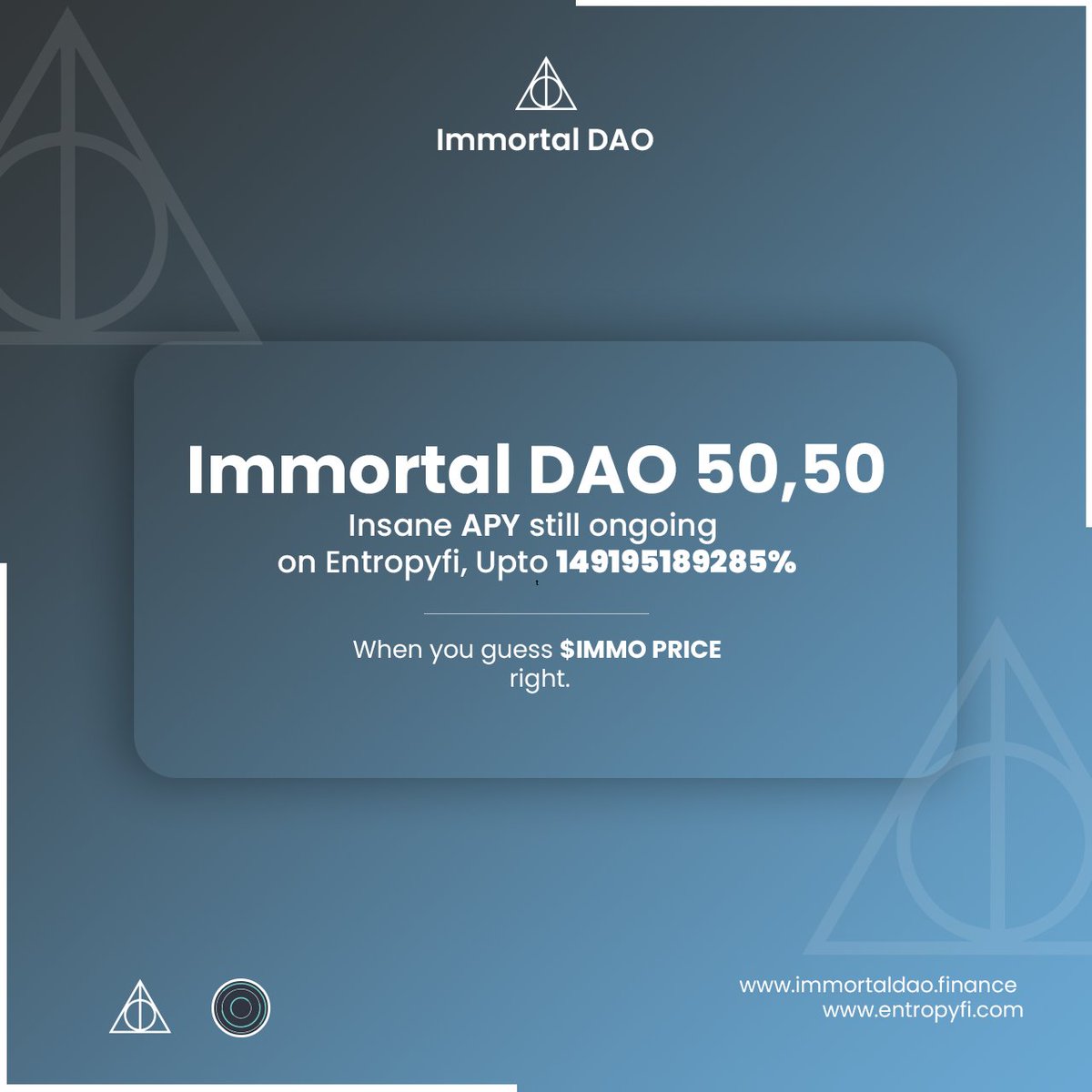 WallstreetJade's tweet photo. #Immortals trust y'all are still racking up some #Immo tokens, APY is still insane at 149b 🤯🤯🤯 great time to predict long on $IMMO.
Log onto #Entropyfi : https://t.co/ylI5gNpXFg
To start playing, #CeloNetwork #EntropyfiXCelo #EntropyfiXImmortalDao https://t.co/PSP0DdydpT