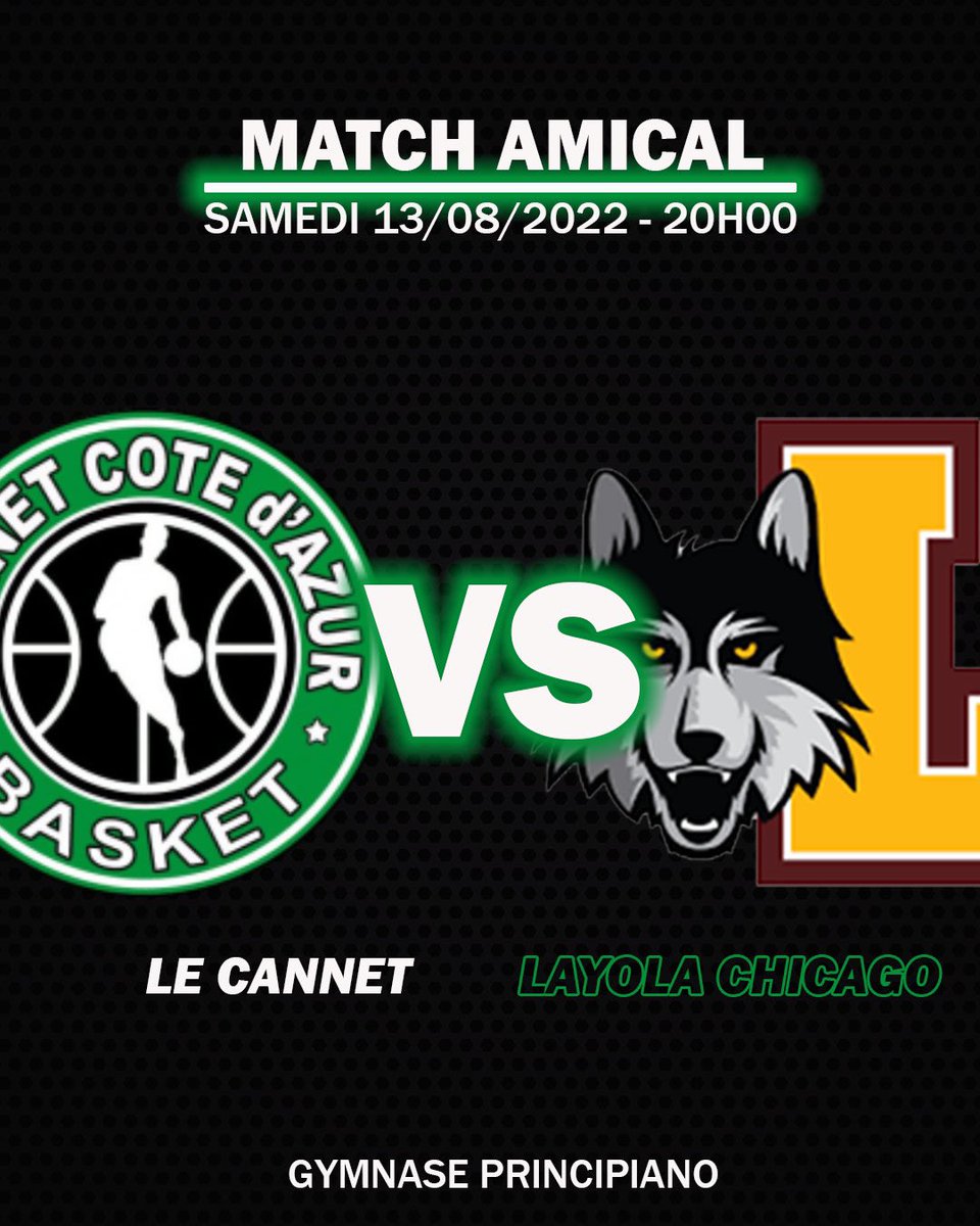 C’est la reprise pour le CCAB ! 
Samedi soir Le Cannet affronte l’université Loyola de Chicago, venez découvrir votre nouvelle équipe ! 

🏀 Match de Préparation 
🆚 Chicago Layola
🗓 Samedi 13/08/22
⌚️ 20H00
📍Gymnase Principiano

#nm3 #ffbb #basketball #lecannet #frenchrivieira