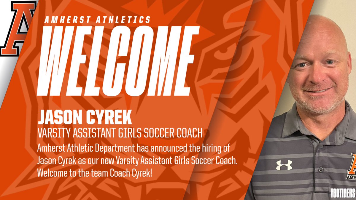 Amherst Athletics (@amhersttigers1) on Twitter photo Congratulations to Coach Cyrek on being approved as our new Varsity Assistant Girls Soccer Coach! <a href="/amherstwsoc/">Amherst Women’s Varsity Soccer</a> #GoTigers Congratulations to Coach Cyrek on being approved as our new Varsity Assistant Girls Soccer Coach! <a href="/amherstwsoc/">Amherst Women’s Varsity Soccer</a> #GoTigers