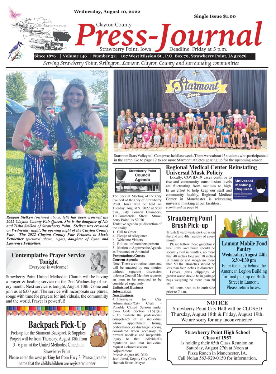 thePressJournal's tweet photo. Check out the front page of this week's newspaper. The Clayton County Press Journal has a lot packed in this week. Pick up your copy at Nading's, Strawberry Foods, Casey's or the Press Journal in Strawberry Point, Iowa. #frontpage #iowa #newspapers #claytoncounty #strawberrypoint https://t.co/hNpdBKkXKw