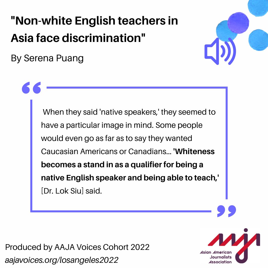 Asian American Journalists Association est. 1981 (@aaja) on Twitter photo 🌟Serena Puang (<a href="/SerenaPuang/">Serena Puang</a>) created “Non-white English Teachers in Asia Face Discrimination,” about the struggles of non-white teachers being seen as non-native English speakers.
aajavoices.org/losangeles2022… 🌟Serena Puang (<a href="/SerenaPuang/">Serena Puang</a>) created “Non-white English Teachers in Asia Face Discrimination,” about the struggles of non-white teachers being seen as non-native English speakers.
aajavoices.org/losangeles2022…