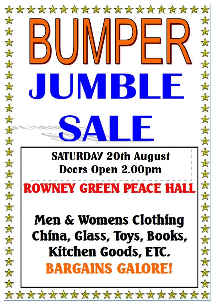 Bumper Jumble Sale, Saturday 20th August 2022. Doors Open 2pm. Rowney Green Peace Hall. 
See more: rowneygreenplayers.co.uk/jumble-sale-sa…