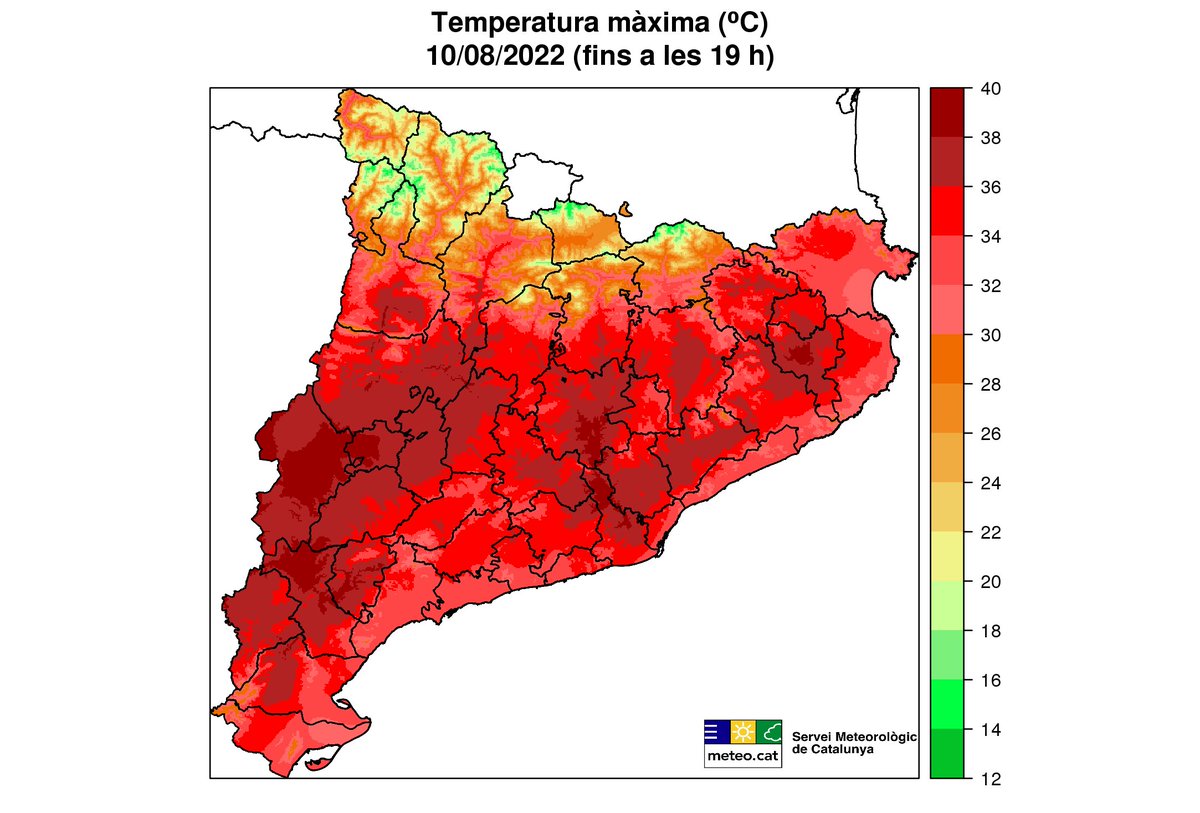 meteocat's tweet photo. Avui la temperatura màxima ha superat els 35 ºC a bona part del país, amb 39 ºC a #Girona i #Lleida entre els valors més elevats.

Ha estat la més alta del que portem d'estiu a #Alcanar, amb 33,1 ºC i xafogor molt intensa (humitat relativa al voltant del 60%) #Montsià https://t.co/2R74jljuzk