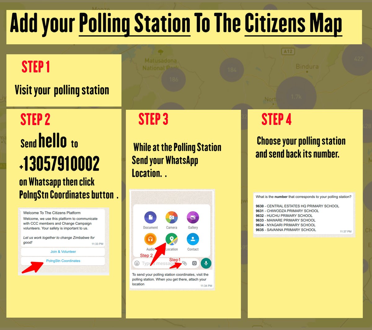 freemanchari's tweet photo. 2. We need to know the location of all polling stations so that we can deploy citizen agents to them. These agents need to be safe and should be accounted for. They will update our systems. We can only do it if you help us. When you pass a polling station, send us the coordinates https://t.co/5oqvWxCwcT
