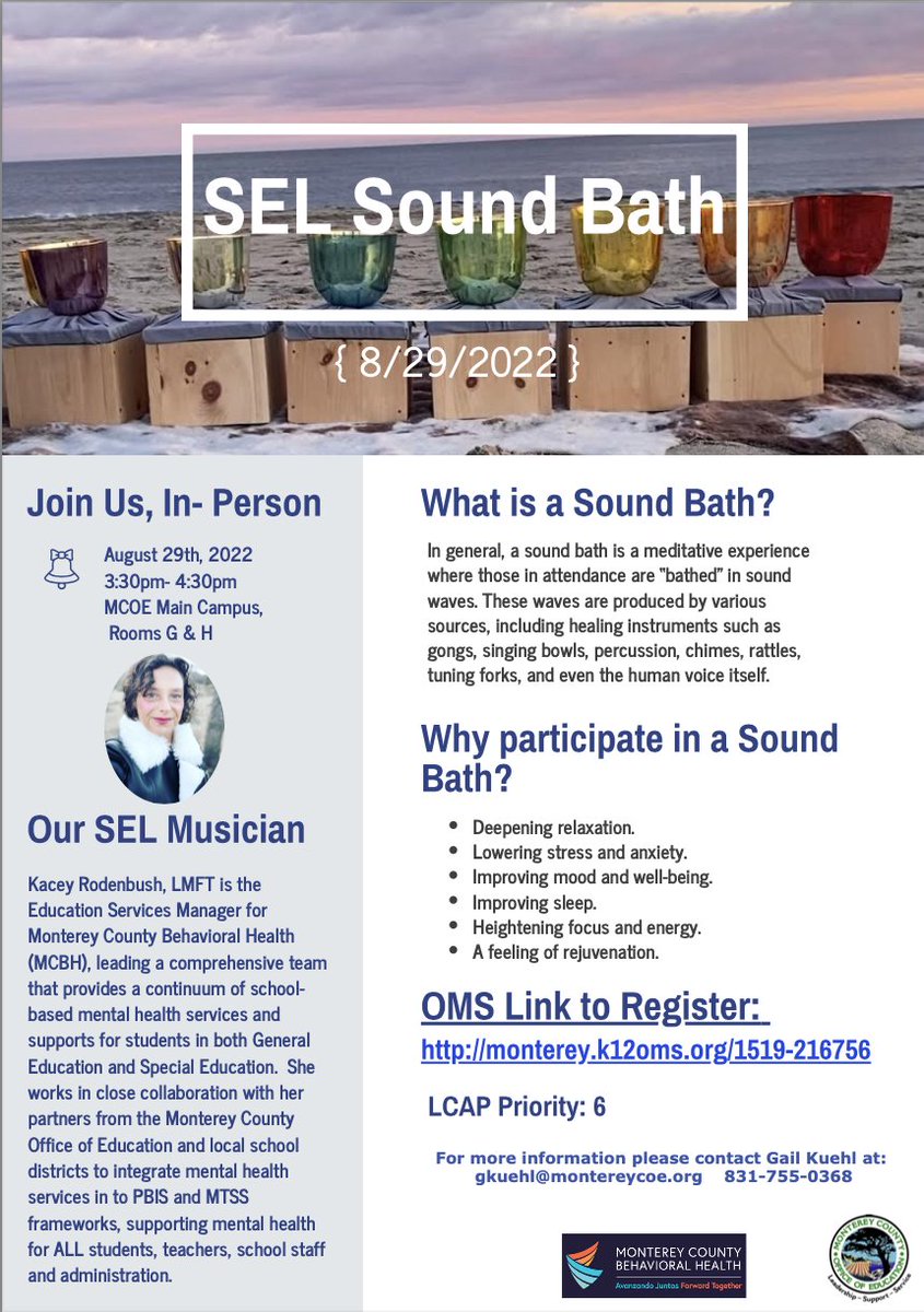 TaraRaeCrampton's tweet photo. Please join MCOE for this in-person MCOE+MCBH SEL Sound Bath session with Kacey Rodenbush.  To Register: https://t.co/wIGLQWxbD6 @gfry_fry @nunrbr_nunez @pk12innovation @MCOE_EdServices https://t.co/LUAo8dPHuf
