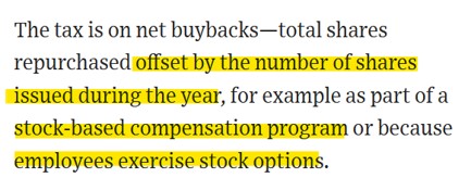 wabuffo's tweet photo. This 1% excise tax on share repurchases exempts repurchases made to offset dilution from stock-based compensation.   A bad idea just gets worse.

https://t.co/mgNJ2pUFYl https://t.co/v2k3KKq84o