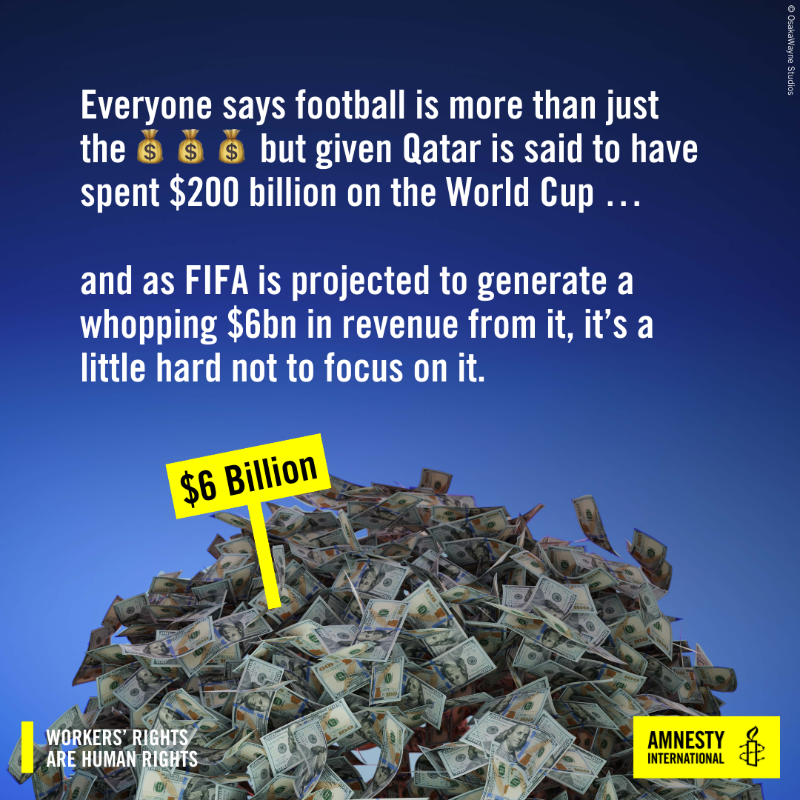 amnesty's tweet photo. With 100 days to #WorldCup2022, we remind @FIFACom and #Qatar that it’s time to compensate workers and their families who suffered to make #Qatar2022 a reality.

It’s time to #PayUpFIFA ⚽💰