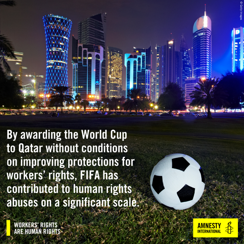 amnesty's tweet photo. With 100 days to #WorldCup2022, we remind @FIFACom and #Qatar that it’s time to compensate workers and their families who suffered to make #Qatar2022 a reality.

It’s time to #PayUpFIFA ⚽💰