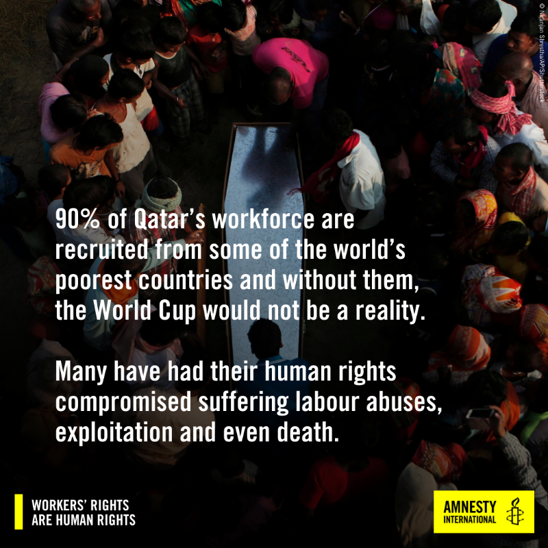 amnesty's tweet photo. With 100 days to #WorldCup2022, we remind @FIFACom and #Qatar that it’s time to compensate workers and their families who suffered to make #Qatar2022 a reality.

It’s time to #PayUpFIFA ⚽💰