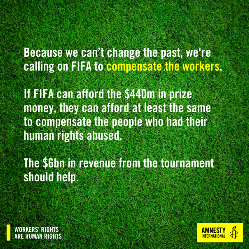 amnesty's tweet photo. With 100 days to #WorldCup2022, we remind @FIFACom and #Qatar that it’s time to compensate workers and their families who suffered to make #Qatar2022 a reality.

It’s time to #PayUpFIFA ⚽💰