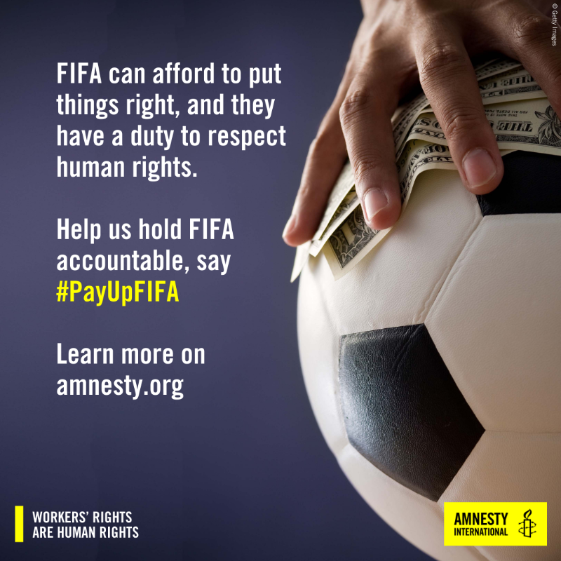 amnesty's tweet photo. With 100 days to #WorldCup2022, we remind @FIFACom and #Qatar that it’s time to compensate workers and their families who suffered to make #Qatar2022 a reality.

It’s time to #PayUpFIFA ⚽💰