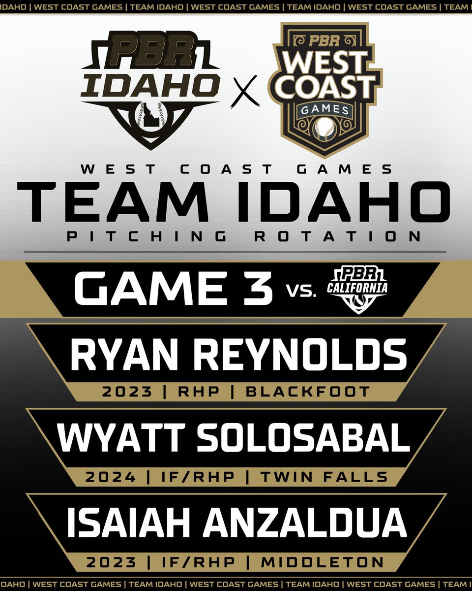 🎰 𝗪𝗘𝗦𝗧 𝗖𝗢𝗔𝗦𝗧 𝗚𝗔𝗠𝗘𝗦 🎰

#TeamIdaho Pitching Rotations

<a href="/prepbaseball/">Prep Baseball</a> | #PBRWCG22