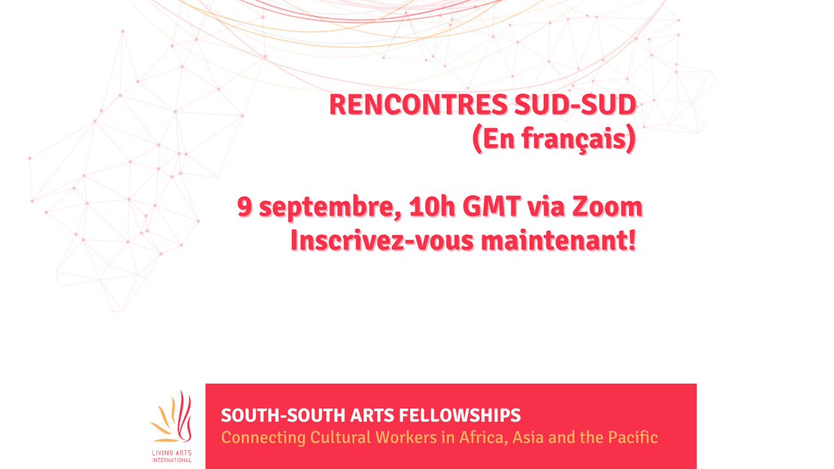 Dépêchez-vous ! La session de réseautage des acteurs culturels du Sud approche à grands pas. Inscrivez-vous dès maintenant ! 

Cliquez sur le lien suivant pour participer à la session de réseautage!
us02web.zoom.us/meeting/regist… 

Visitez notre site internet: connectingsouth.org/2022/08/10/ren…