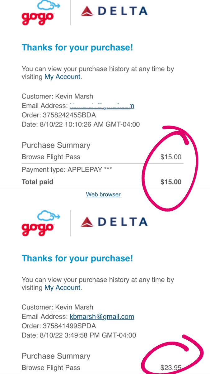 kevinmarsh's tweet photo. @Delta you’re advertising $5 in-flight WiFi. Your flight attendants are announcing it. But today I payed $15 (MIA-LGA) and $24 (LGA-MCI). What’s going on? https://t.co/ARn3C3p23w
