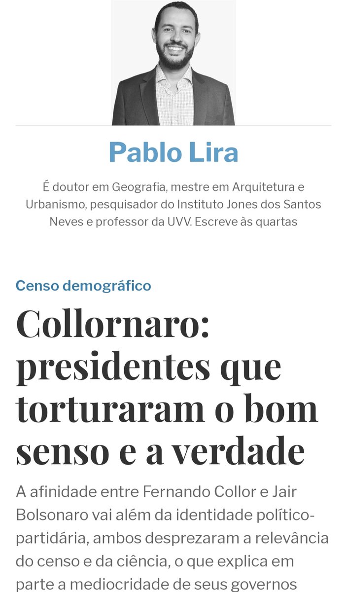 PabloSilvaLira's tweet photo. Artigo na coluna #pablolira em @agazetaes :

❗️Collornaro, presidentes que torturaram o bom senso e a verdade.

⛔️ A afinidade entre Collor e  Bolsonaro vai além da identidade política, ambos desprezaram a relevância do censo e da ciência, o que explica  a mediocridade. 
🧶... https://t.co/sRBbQuTeBb