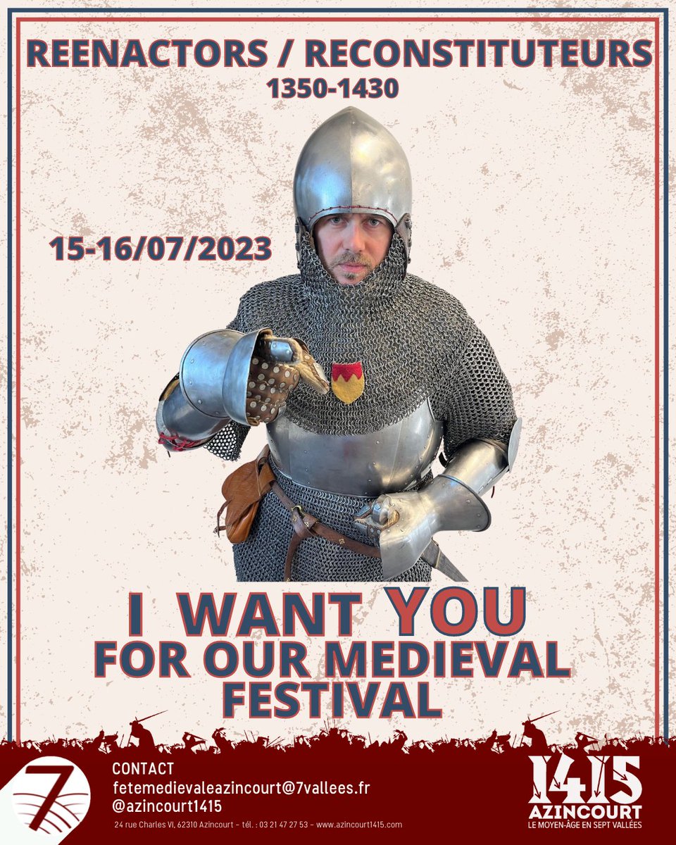 1415Azincourt's tweet photo. 📣 Oyez Oyez amis reconstituteurs de la période 1350-1430 ‼️
😁 La fête médiévale d'Azincourt fera son grand retour les 15 et 16 juillet 2023 ! ⚔️Envie de participer à l'aventure ? Rejoignez-nous en vous inscrivant.
#Azincourt #Moyenâge #fêtemédiévale #reconstitutionhistorique https://t.co/DrqqKEmQIb