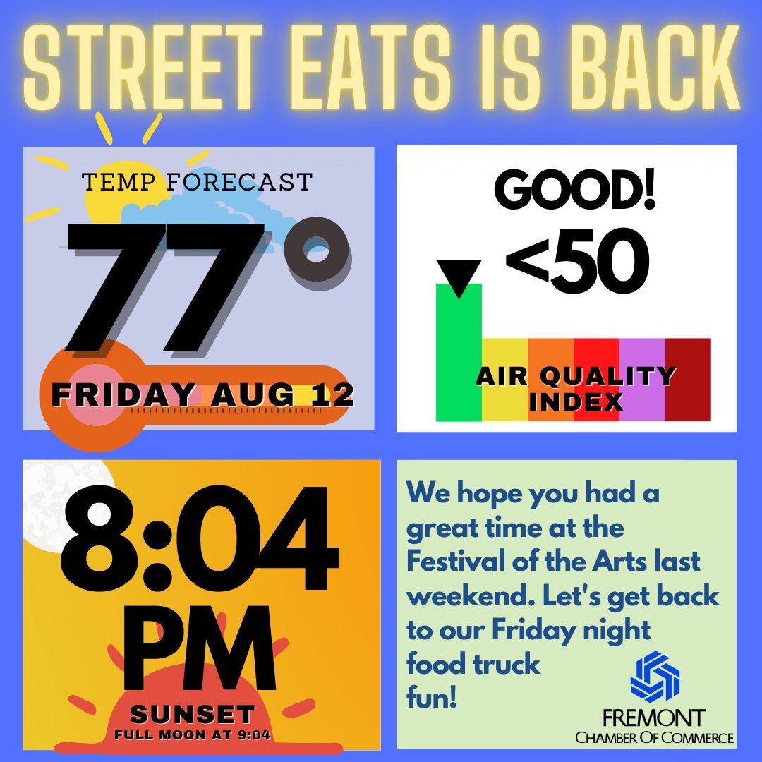 It was great to see many of you last weekend at the <a href="/fremontfestival/">Fremont Festival</a> . We're back!

Guys Tri Tip &amp; BBQ, Mr. Andrews, Fonseca's Mexican Truck, Jeanne's Broth, Roadside Rotisserie, Cali Cruisin, Crazy Empanadas, Treats By the Bay <a href="/foodtruck_mafia/">The Food Truck Mafia</a> <a href="/FremontBusiness/">Fremont Chamber</a>