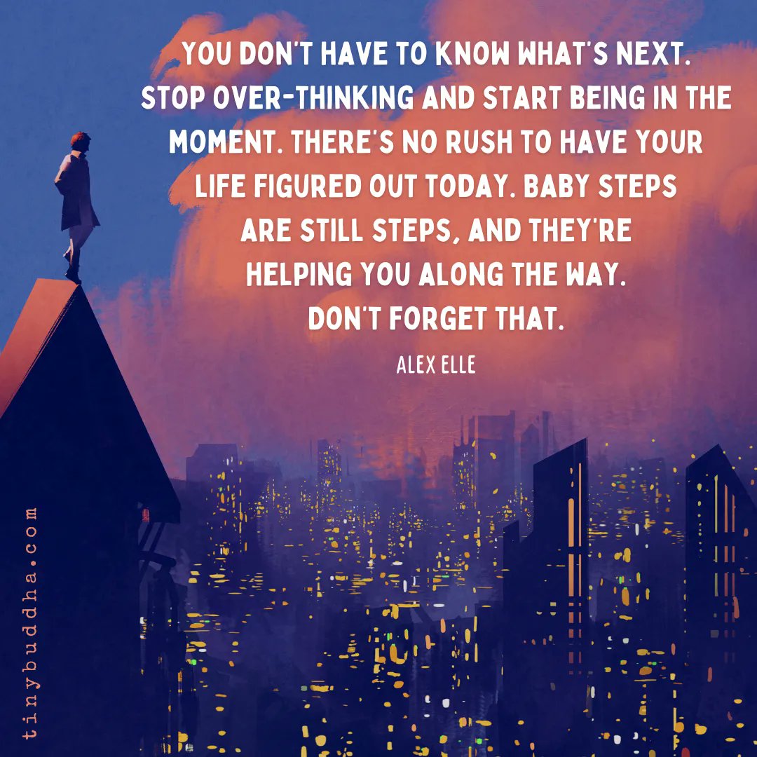 'You don’t have to know what’s next. Stop over-thinking and start being in the moment. There’s no rush to have your life figured out today. Baby steps are still steps, and they’re helping you along the way. Don’t forget that.' ~Alex Elle