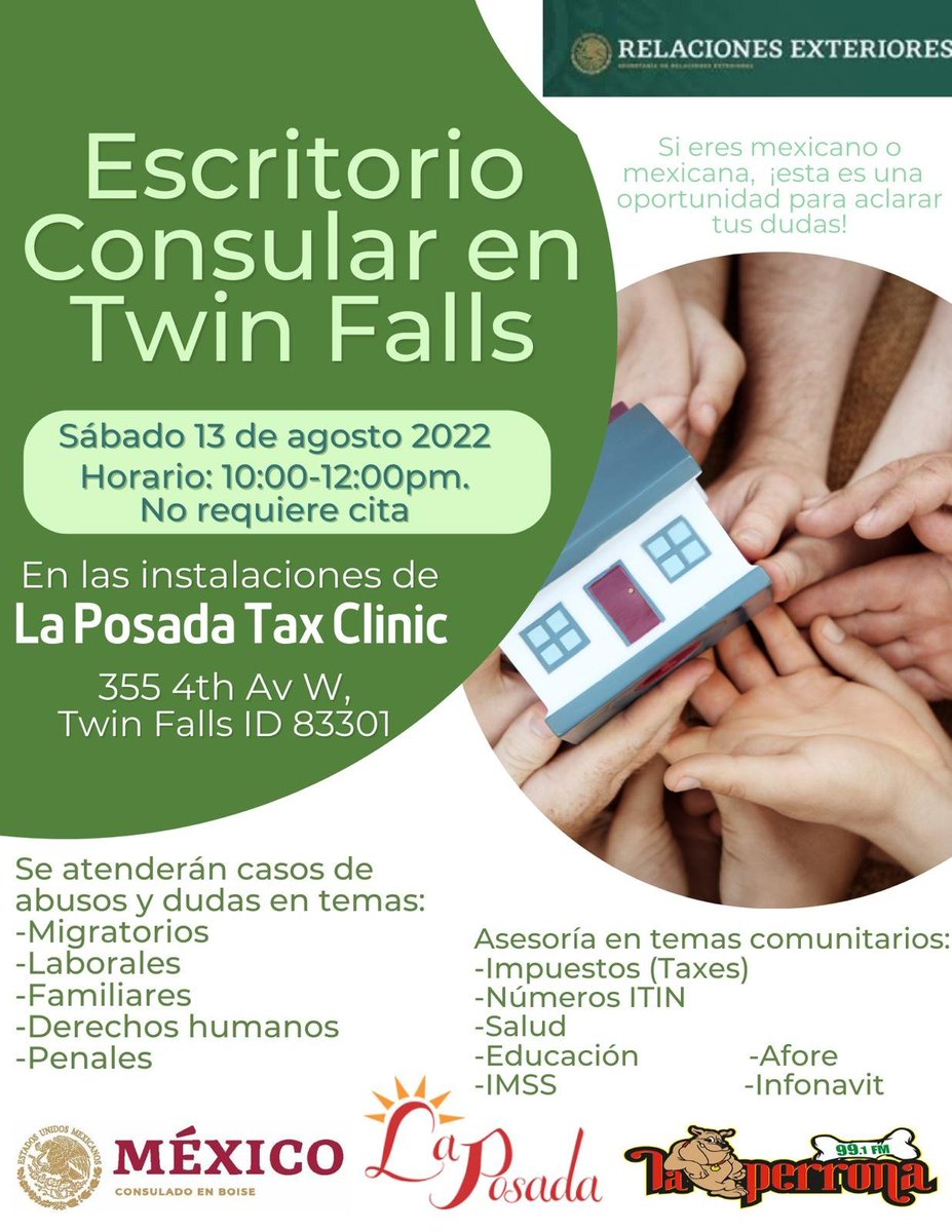 EAMartinezMX's tweet photo. This Saturday a colleague and I will be in Twin Falls answering questions on any subject of interest to Mexican nationals. @Laposada tax clinic !!! 10 to noon !!

#ConsularProtection #CommunityServices #DocumentationServices https://t.co/kMjlTyDqcx