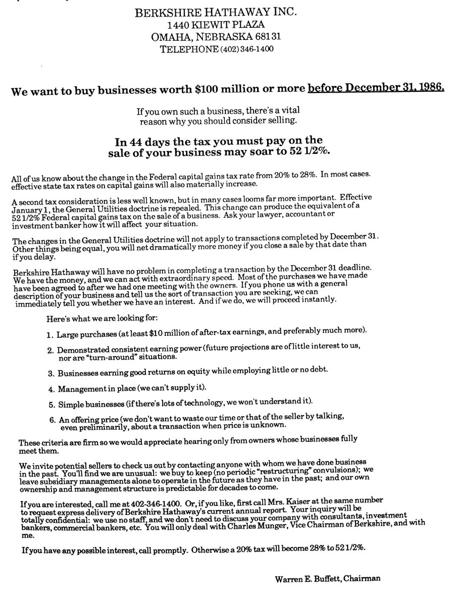 FrederikNeckar's tweet photo. In 1986, Buffett ran a full-page ad in the Wall Street Journal: "We want to buy businesses worth $100 million or more."

"In 44 days the tax you must pay may soar..."

"Berkshire Hathaway will have no problem in completing a transaction by the December 31 deadline." https://t.co/EOA3E7dXL1