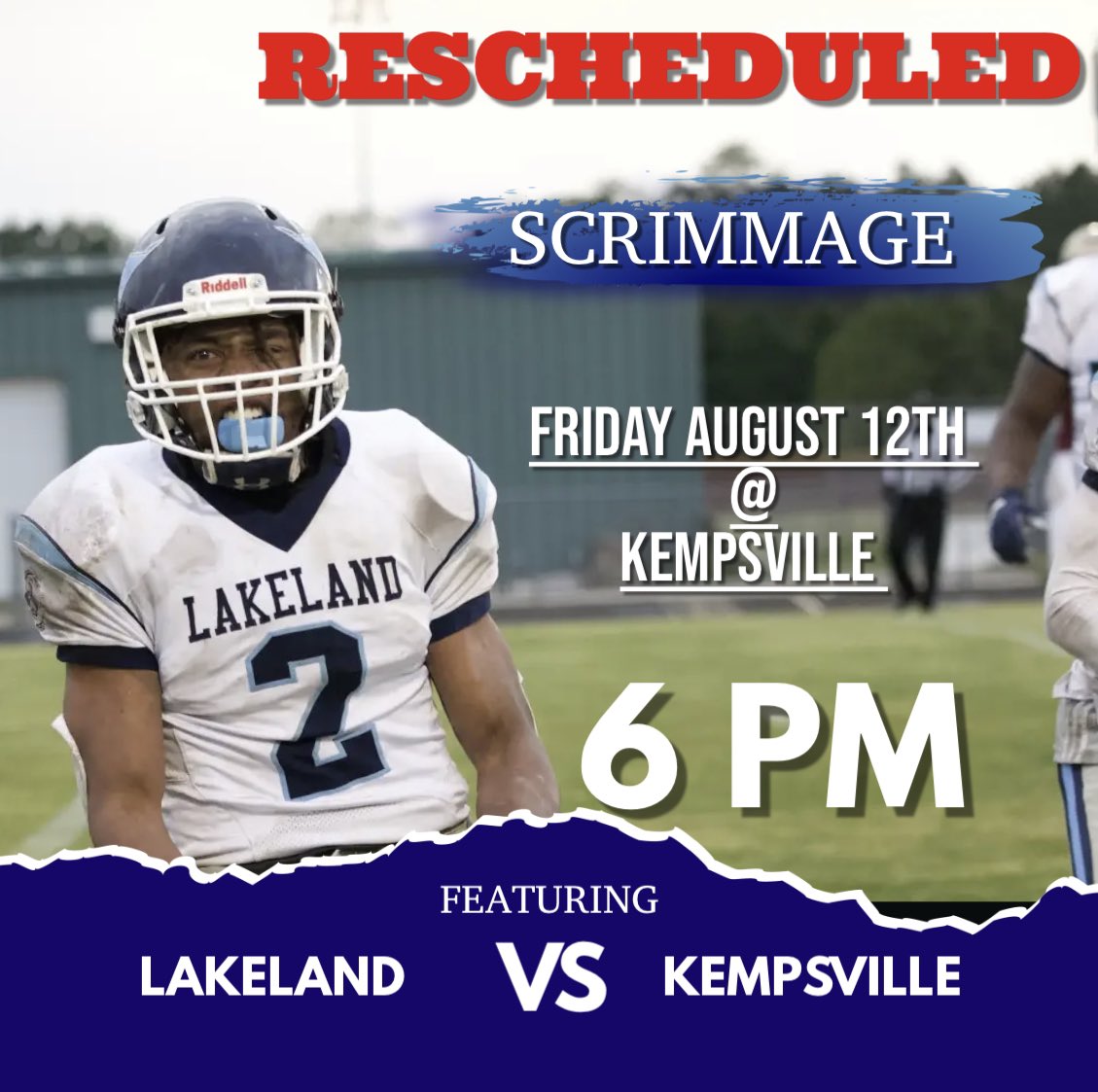 LHSCavsFootball's tweet photo. Please note that the date of our first scrimmage has changed due to forecasted inclement weather. Game will be played this Friday at Kempsville. https://t.co/xgdKBcHttz