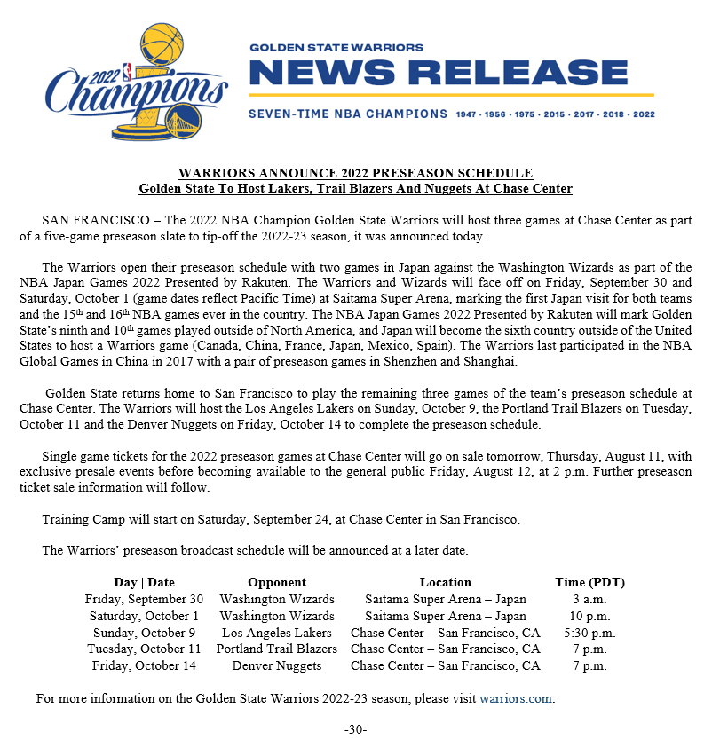 WarriorsPR's tweet photo. Warriors Announce 2022 Preseason Schedule https://t.co/gKeEbrqUMp