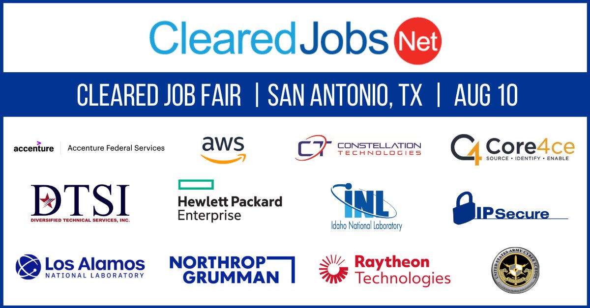 ClearedJobsNet's tweet photo. We're kicking off today's #ClearedJobFair at 2pm CT. If you're in the #SanAntonio area, bring your resume &amp; meet with recruiters &amp; hiring managers from these leading cleared employers: https://t.co/At34jQmXSC
