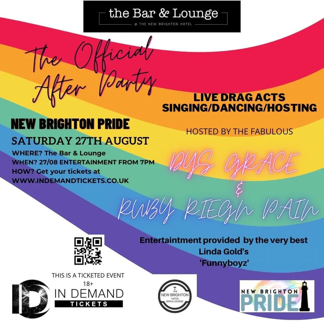 Our official after party hosted by The New Brighton Hotel Bar & Lounge.

indemandtickets.co.uk/frontend/web/e…

#NewBrightonPride #WirralPride #PrideontheWirral #LGBT #Wallasey #Heswall #Hoylake #WestKirby #Birkenhead #Bebington #Wirral #Pride