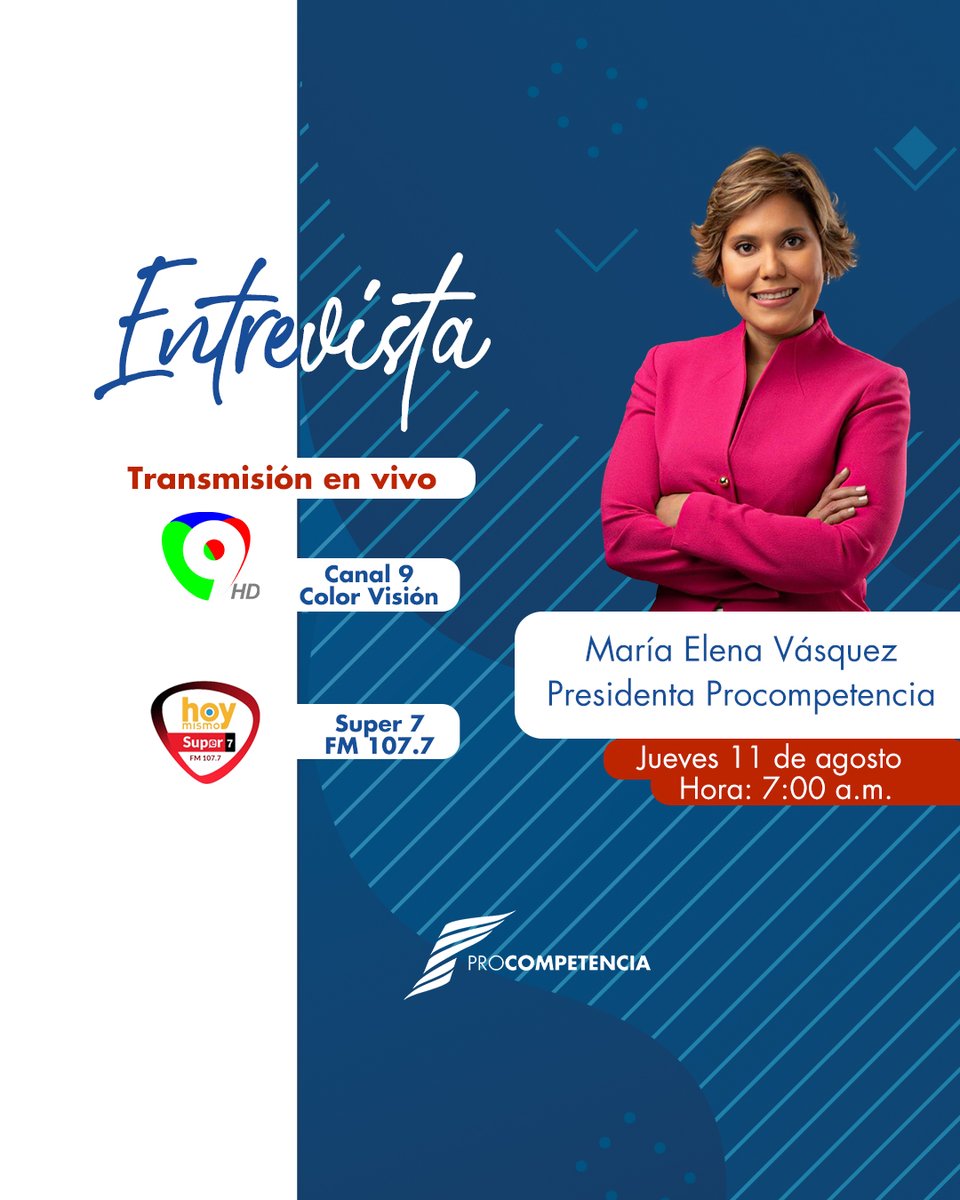 ⏰ Este jueves 11 de agosto tenemos una cita en <a href="/hoymismo2/">Hoy Mismo</a> donde estará participando nuestra presidenta <a href="/MariaElenaVT/">María Elena Vásquez Taveras</a> a partir de las 7:00 a.m. por <a href="/ColorVisionC9/">ColorVisión9</a>. 
 
📺 ¡Contamos con tu sintonía! 

#CompetenciaRD #Entrevista #LibreCompetencia #ColorVision