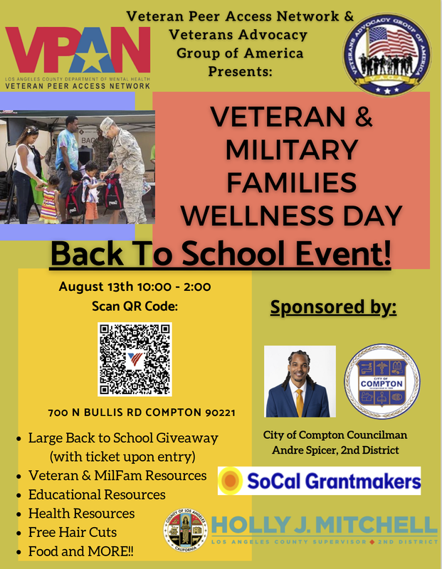 VAGA_Vets's tweet photo. Join us this Saturday (8/13), from 10 AM-2 PM for our Veteran &amp; Military Families Wellness Day!

Hosting a Back to School Giveaway!

#backtoschool #giveaway #veteran #compton https://t.co/F6Qmjynx5g