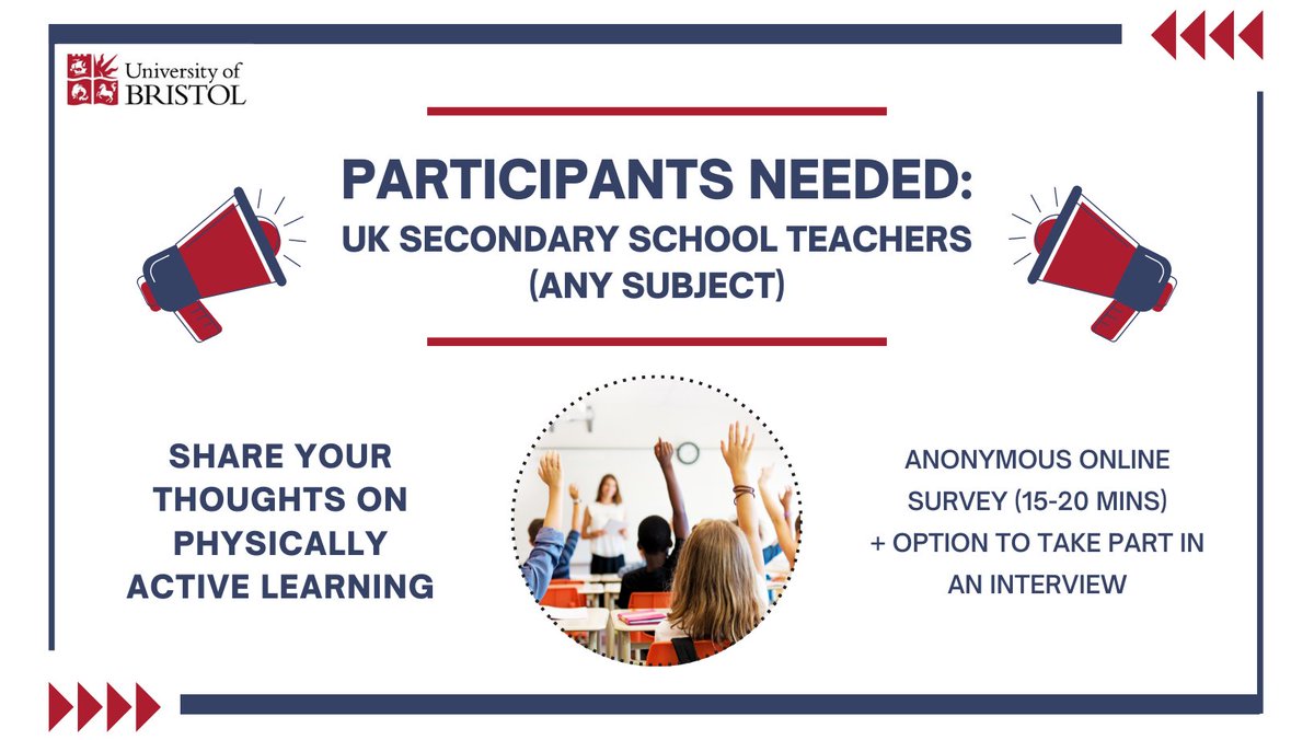 📢Calling all #SecondarySchool Teachers📢
Please complete my #PhysicallyActiveLearning survey 📖🏃🏽‍♂️ (part of MSc dissertation) 👉 bit.ly/3NFmNx5
Thank you!

#TeacherUK #EduTwitter #UKTeacher #TeacherTwitter #UKEdChat #UKEducation #UKClassroom #KeyStage3 #KeyStage4
Pls RT.