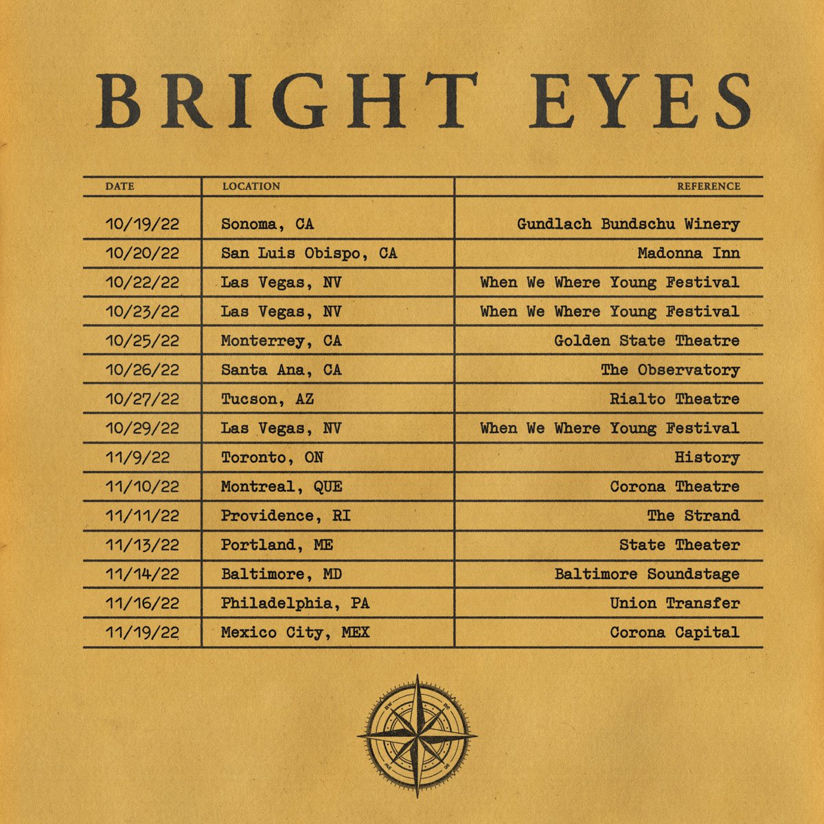 New Bright Eyes tour dates just announced!! Fan presale is now live for email list subscribers. Sign up: eepurl.com/hAIESH On sale to the public this Friday, August 12th @ 10am local time. All tour dates and tickets available at thisisbrighteyes.com/tour.php See you soon!