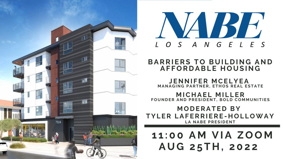 NABEinLA's tweet photo. Dear LA NABE friends, we are back from Summer Break! We are kicking off our fall speakers series with "Barriers to Building and Affordable Housing." Come listen to both a for profit and non profit housing developer describe hurdles to more housing in LA. 
https://t.co/AIJCTS2Qpc https://t.co/ZUyc9Iq0wJ