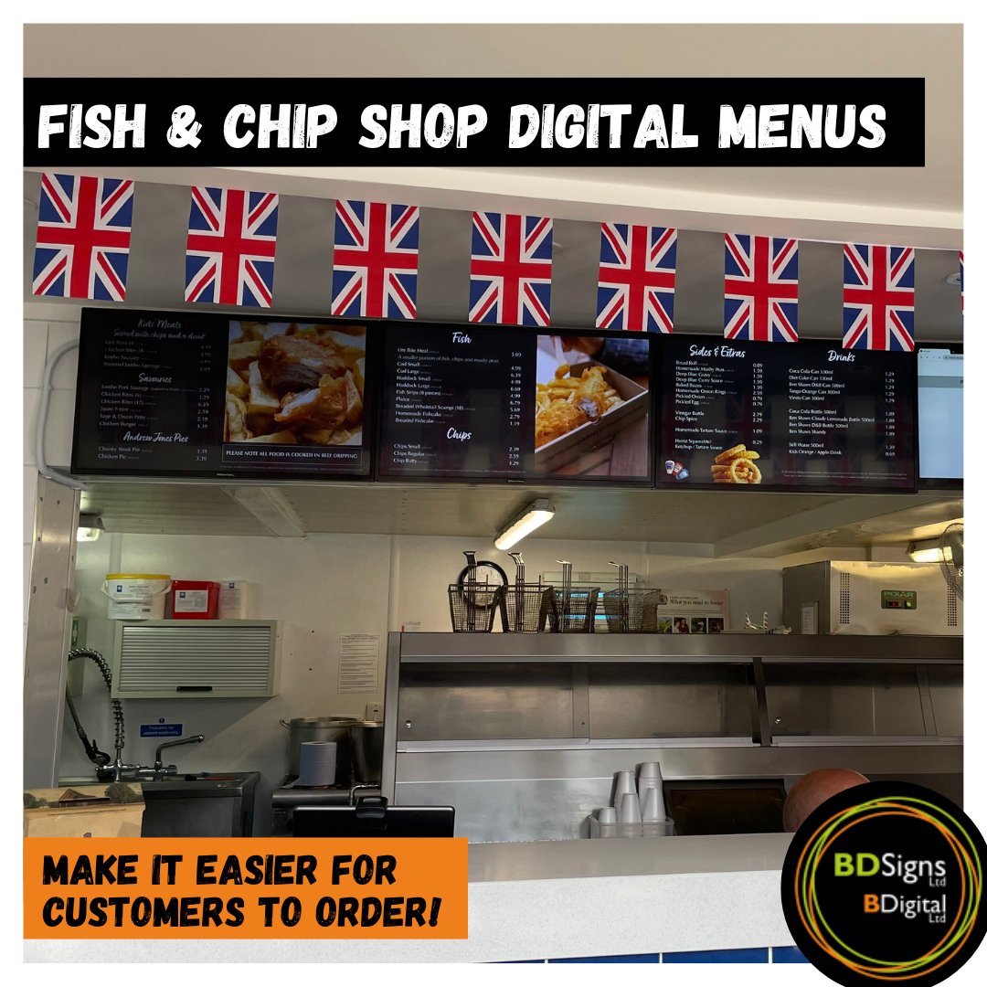 Update your menus easily with our LED multi-panel displays 🐟🍟

Perfect for #fishandchipshops as shown here at Deep Blue but also great for all #takeaways to showcase your menus. Call us today for a free quote!

#menudisplays #digitalmenus #fishandchipmenus #signshop #signage