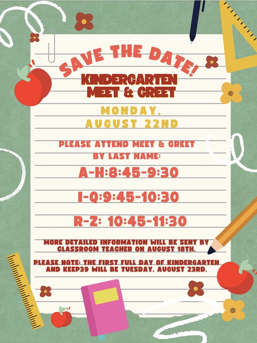 McKCheetahs's tweet photo. SAVE THE DATE!  Monday, August 22nd.  

Please attend and greet by last name: 
A-H: 8:45-9:30
I-Q: 9:45-10:30
R-Z: 10:45-11:30

More detailed information will be sent by the classroom teacher on August 18th.
#d39cheetahs https://t.co/Sj4DKZwSvb