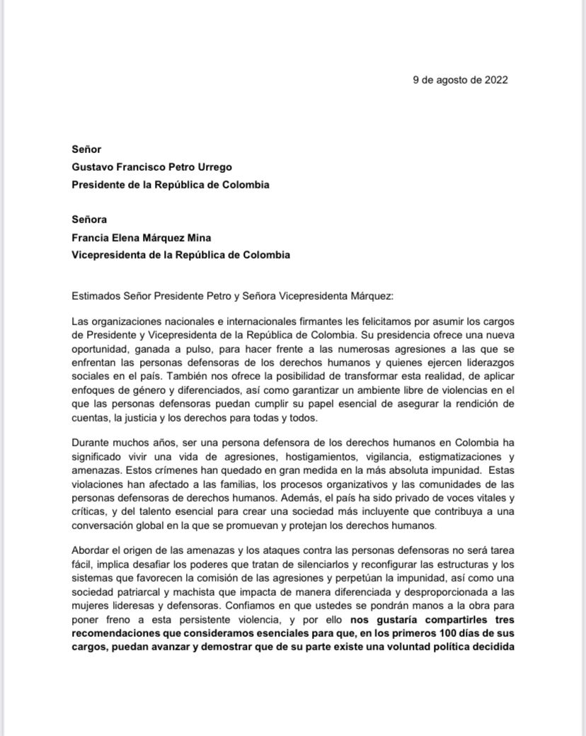 PBIColombia's tweet photo. 📢 Organizaciones 🇨🇴 e internacionales presentamos carta a Presidente @petrogustavo y Vicepresidenta @FranciaMarquezM con 3 recomendaciones para que en primeros 100 días atiendan situación de personas defensoras quienes han sufrido sistemáticas violaciones que siguen en impunidad https://t.co/UayVkXAMLM
