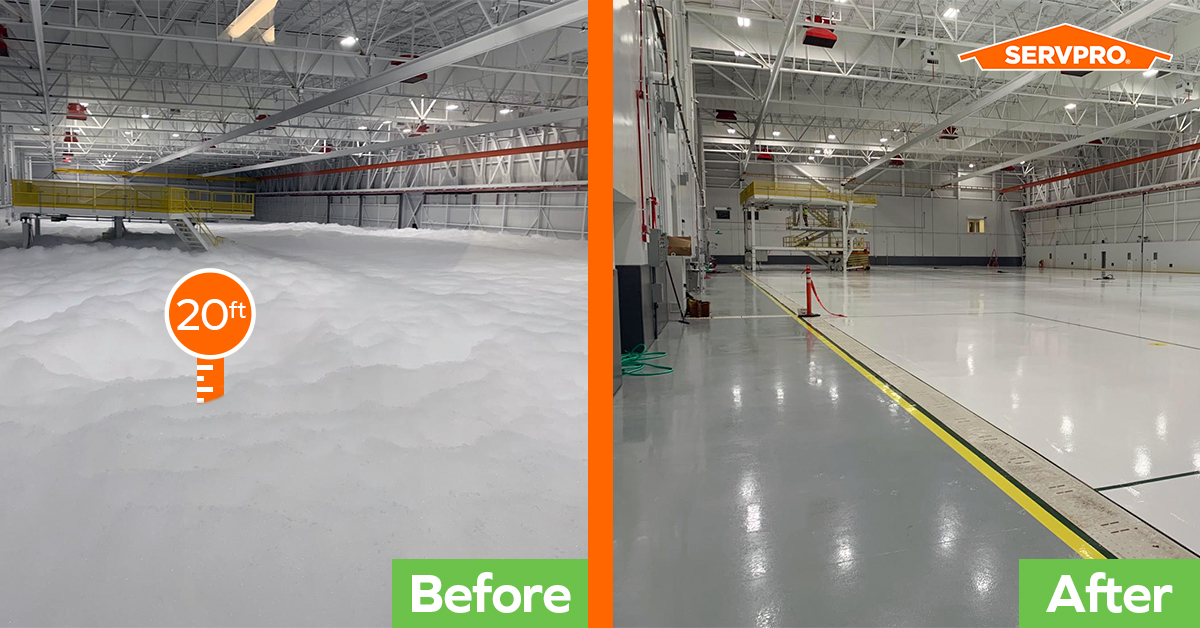 This "extreme clean" had foam towering 20 ft. high that covered 75,000 sq. ft. of this maintenance hangar after the fire alarm was accidentally set off.