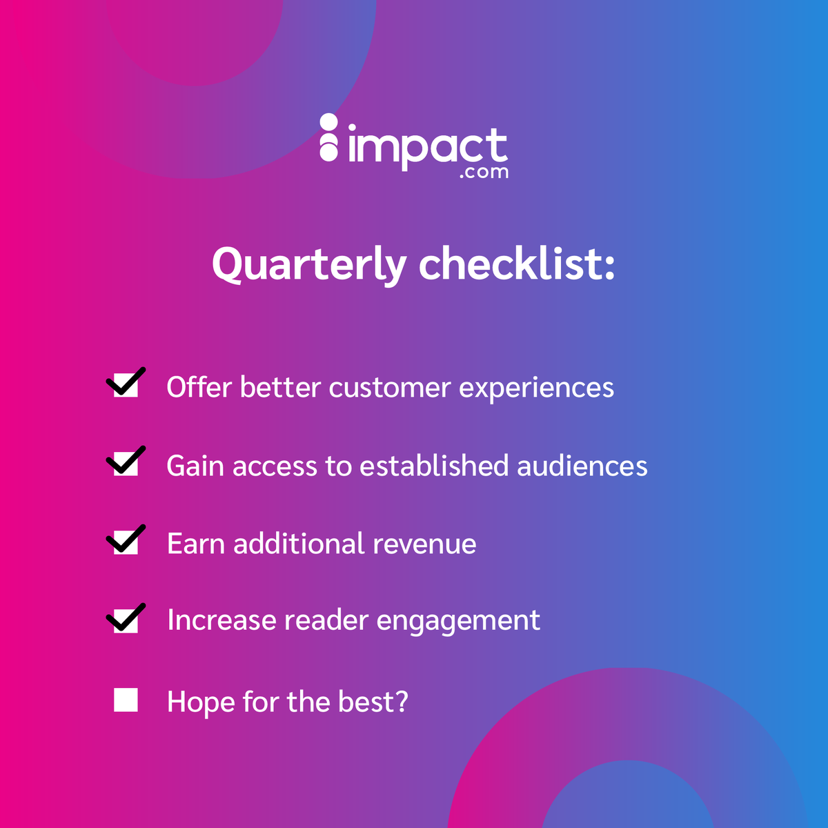 impactdotcom's tweet photo. With 25% greater access to audience data, why wouldn’t you want to join the commerce content world? No need to hope for the best when we've got the winning formula right here ➡️ https://t.co/9M8FLelTBh #CommerceContent #MasterPartnerships https://t.co/xwICjU5mlj