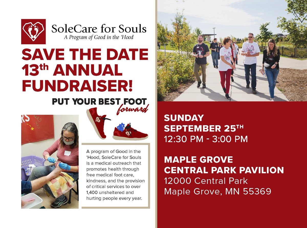 We invite you to join us on September 25th for our 13th annual fundraiser from 12:30-3:00 pm at:
Central Park
12000 Central Park Way
Maple Grove, MN 55369
Join us for food, fellowship, and fun!
You can Register by clicking the link below: 
loom.ly/1Fbd1WY
